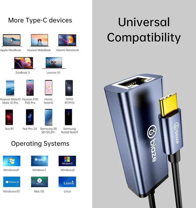 Alt view image 2 of 6 - USB-C to Ethernet Adapter Gigabit RJ45, 1000Mbps USB C Network Converter for Nintendo Switch/Laptop/MacBook/Steam Deck/Tablet/Mobile, Plug and Play Wired Network Adapter