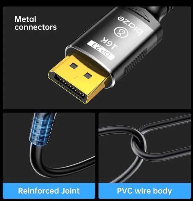 Alt view image 3 of 5 - DisplayPort 2.1 Cable 16K Ultra HD 80Gbps 240Hz, 8K@60Hz 4K@240Hz, HDR Support, Gold-Plated Connector, Nylon Braided - 10ft/3M for Gaming PC/Monitor/PS5/Projector