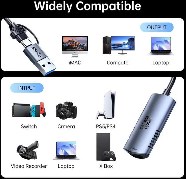 Alt view image 5 of 7 - Video Capture Card, 4K HDMI to USB/USB C Capture Card 1080P 60FPS Video Capture Device for Streaming Game Recording Compatible with PS5, Switch, Laptop, Camera, OBS (High Brush)