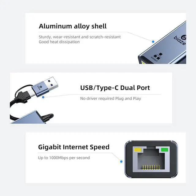 Alt view image 3 of 6 - USB 3.1 USB/Type-C to RJ45 Dual-Port 1000 Megabit Wired Network Adapter, MAC/Windows/Linux/Android Compatible, External Ethernet Converter for Laptops, Desktops, Cell Phones (1Gbps)