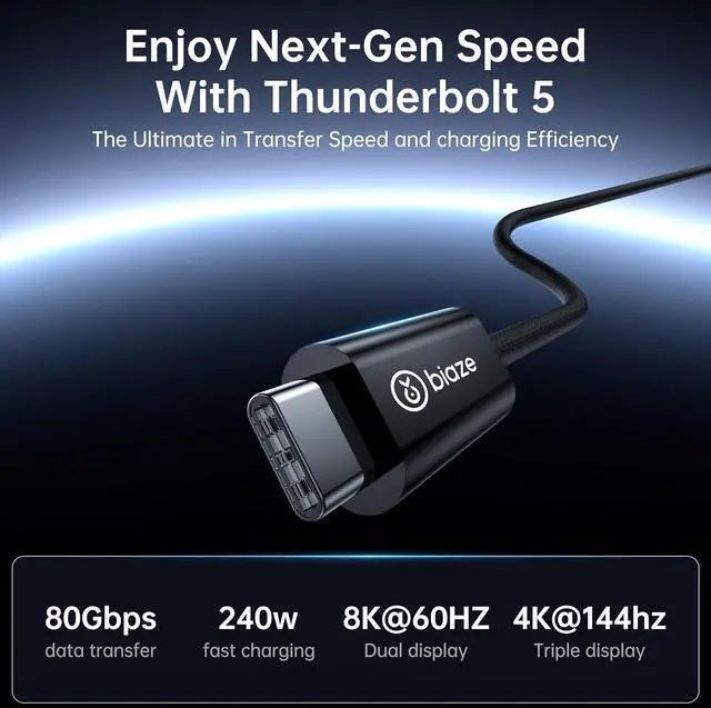 Alt view image 2 of 7 - Intel Certified Thunderbolt 5 Data Cable, 5-Foot Type C to USB-C Data Cable, Supports 240W Charging, up to 120Gbps Bandwidth,Supports 8K/4K Display, iPhone 16, MacBook, and More Devices