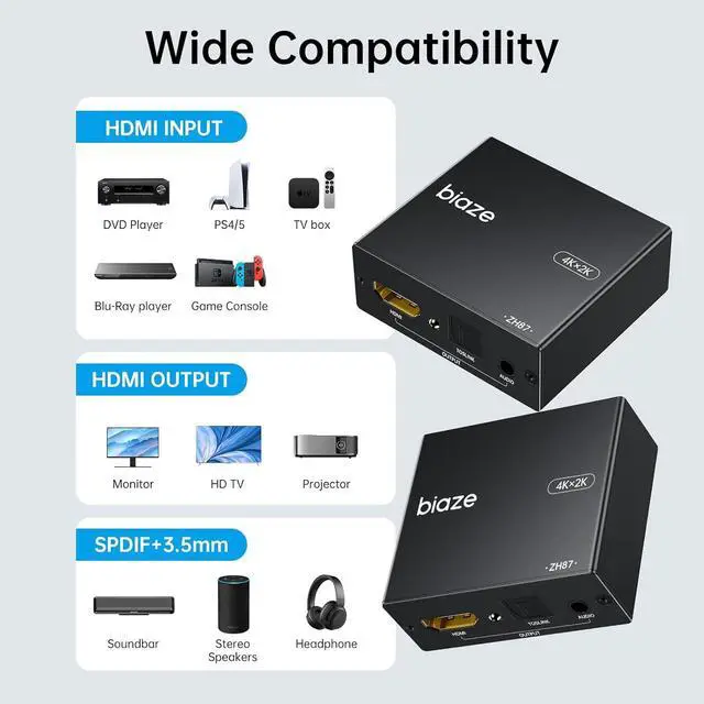 Alt view image 4 of 6 - 4K HDMI Audio Extractor Splitter, HDMI Audio Video Converter Adapter + Optical Toslink SPDIF + AUX 3.5mm Audio Jack Analog Audio Compatible with Fire Stick, Blu-Ray Player