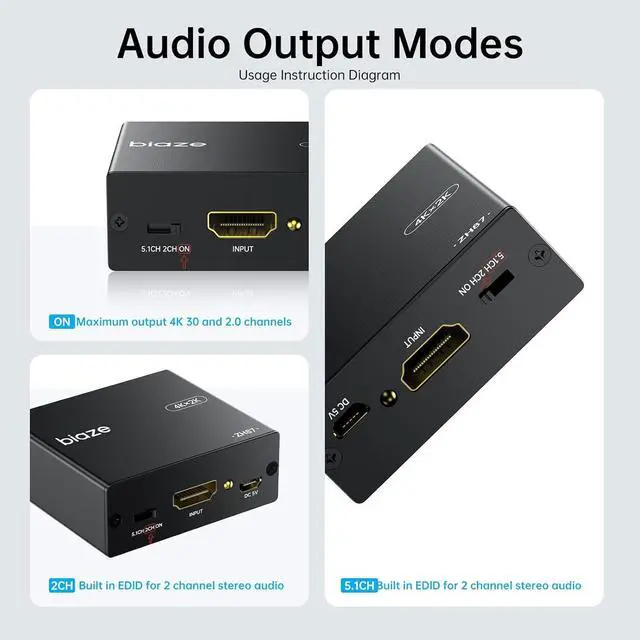 Alt view image 6 of 6 - 4K HDMI Audio Extractor Splitter, HDMI Audio Video Converter Adapter + Optical Toslink SPDIF + AUX 3.5mm Audio Jack Analog Audio Compatible with Fire Stick, Blu-Ray Player