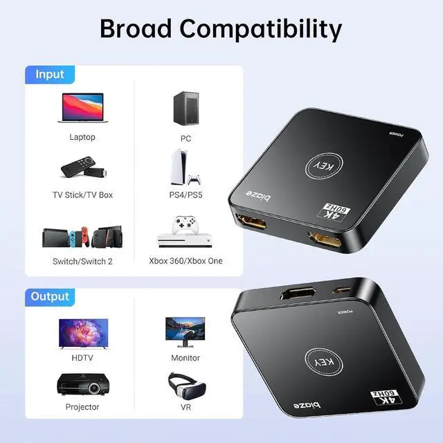 Alt view image 6 of 7 - HDMI Switch 4K@60Hz, Bi-Directional HDMI Switcher 2 in 1 Out, No External Power Compatible with PS5, PS4, Xbox Series X/S, Roku, Fire Stick, Black