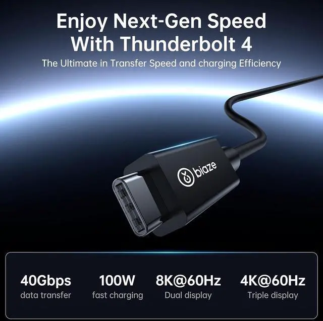 Alt view image 2 of 7 - USB C Thunderbolt 4 Cable(3.28FT, 100W), USB C to USB C Cable USB 4 Data Cable, 40Gbps, 8K HD Display, Thunderbolt 4/3 Compatible for iPhone 16, MacBook, Hub, Docking and More