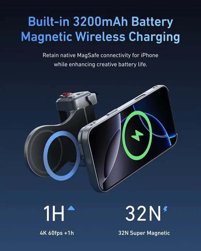 Alt view image 4 of 7 - TELESIN Master Grip Kit for iPhone 17 Pro Max, Magnetic Phone Camera Grip with C03 Selfie Light+ UV Filters, Creator Kit Built 3200mAh Battery Wireless Charging Powergrip - Cooling Graphene Case