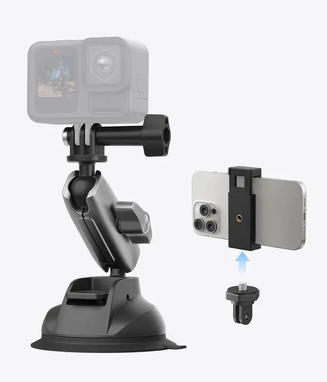 Main image of TELESIN Aluminum Suction Cup Car Mount Windshield Window Dashboard Holder with Phone Clip for GoPro Max Mini Hero 13 12 11 10 9 Insta360 X4 X5 D-J-I Action 4 5pro OSMO 360 Nano iPhone Android AKASO