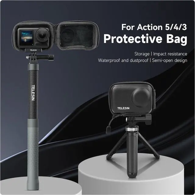 Alt view image 2 of 7 - TELESIN Mini Carry Case Lens Protector for D-J-I Action 5 Pro Action 4 Action 3 Insta 360 Ace Insta360 Ace Pro Accessories, Mini Protective Carrying Bag Half Zipper for Selfie Stick Tripod Accessory