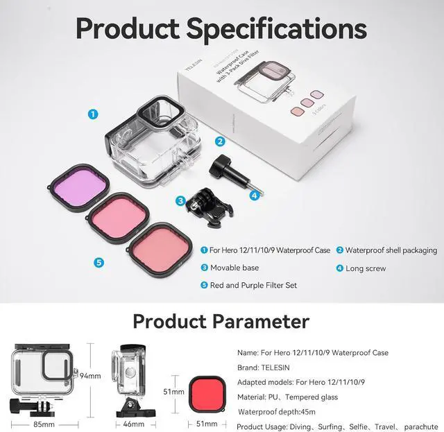 Alt view image 7 of 7 - TELESIN Waterproof Case for GoPro Hero 13/12/11/10/9 Black - 3-Pack Dive Filter with Red Magenta - Supports 60M/196FT Underwater Scuba Snorkeling Deep Diving