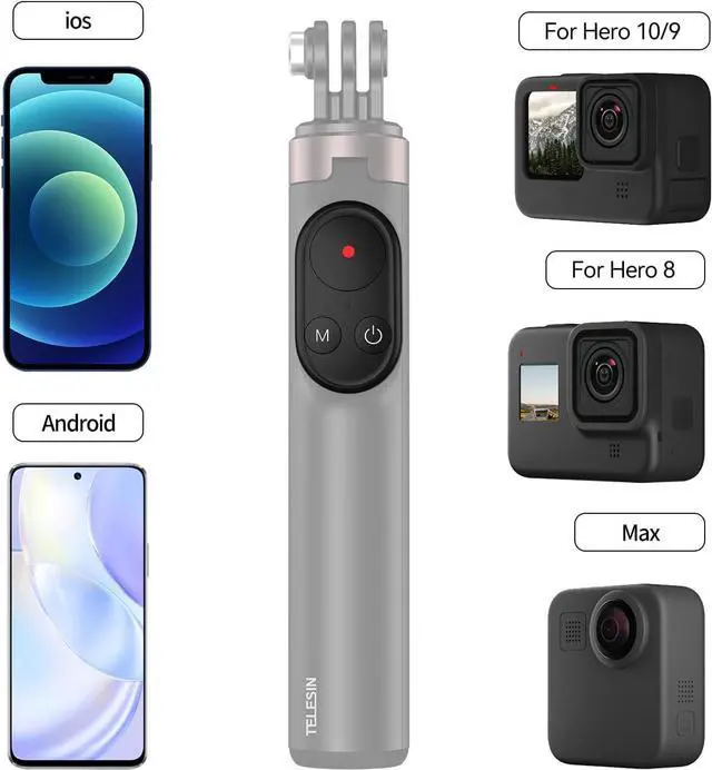 Alt view image 2 of 6 - Selfie Stick Tripod with Remote for GoPro 13 12 11 10 9 8 Black Go Pro Max 11 Mini Phones, Telesin Waterproof Aluminum Extension Pole Monopod for iPhone Android Action Camera Accessories