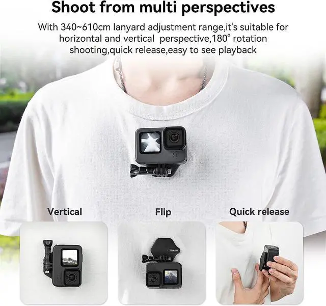 Alt view image 4 of 6 - TELESIN Magnetic Chest Mount with Neck Strap Holder + Magnet Quick Release Tripod Base for GoPro 12 11 10 Insta360 X3 Ace D-J-I Action Body Accessories