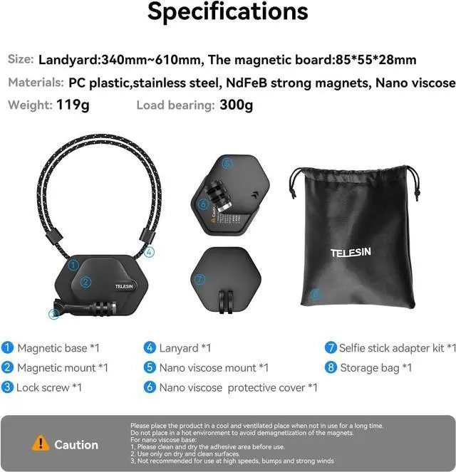 Alt view image 6 of 6 - TELESIN Magnetic Chest Mount with Neck Strap Holder + Magnet Quick Release Tripod Base for GoPro 12 11 10 Insta360 X3 Ace D-J-I Action Body Accessories