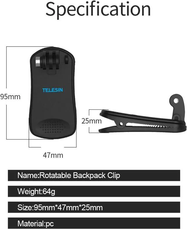 Alt view image 6 of 6 - TELESIN 360 Rotational Backpack Clip Mount Super Solid Fast Release Clamp Rotation Hat Mount for GoPro Hero 8, Hero 7/6/5 Black, Hero4, Hero3, osmo action, Fusion,Xiaomi YI, Action Cameras