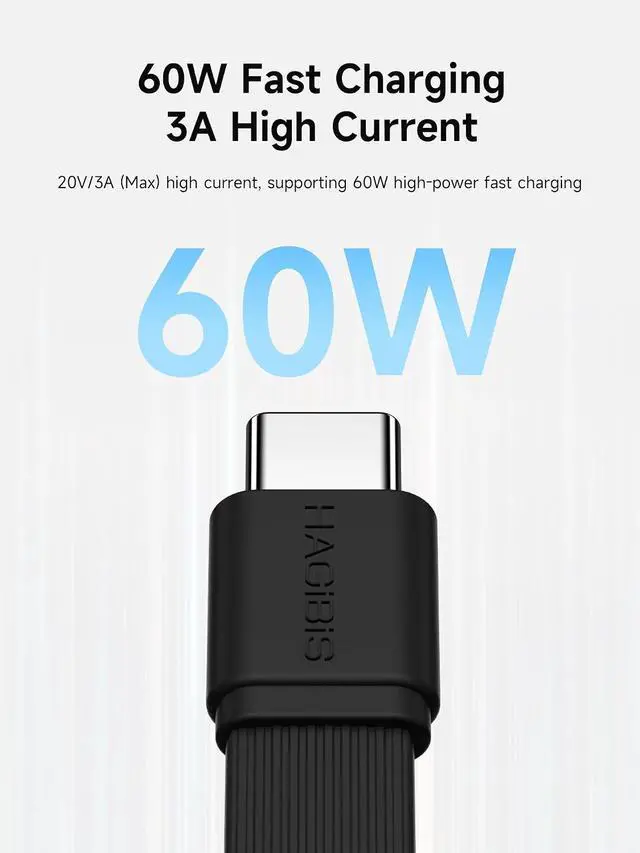 Alt view image 2 of 7 - 180 Degree U-Type USB-C Cable, Short Flat 60W 20V/3A Fast Charging Cable, 480Mbps Data Transfer for iPhone 17 16 Pro Max, Galaxy S25 Ultra S25+, Power Bank, Cooling Fan (Black, 0.23ft)