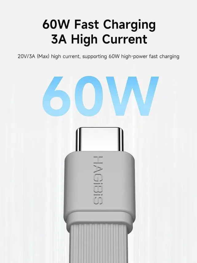 Alt view image 2 of 7 - 180 Degree U-Type USB-C Cable, Short Flat 60W 20V/3A Fast Charging Cable, 480Mbps Data Transfer for iPhone 17 16 Pro Max, Galaxy S25 Ultra S25+, Power Bank, Cooling Fan (Grey, 0.23ft)