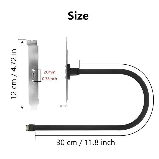 Alt view image 3 of 4 - 20Gbps USB 3.2 USB Type C Back Panel, Type C Female to 20-pin USB Type-E A-Key Male Extension Cable 30cms with PCIe Bracket