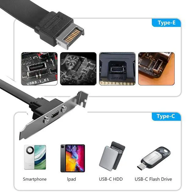 Alt view image 4 of 4 - 20Gbps USB 3.2 USB Type C Back Panel, Type C Female to 20-pin USB Type-E A-Key Male Extension Cable 30cms with PCIe Bracket