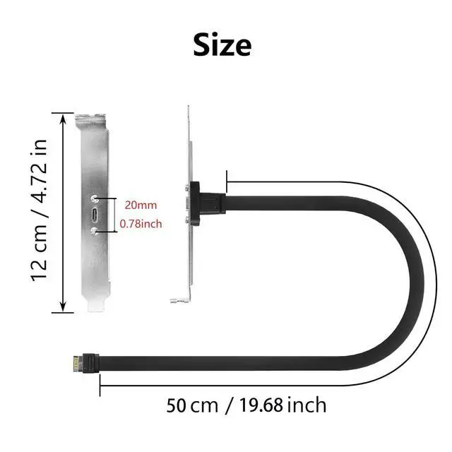 Alt view image 3 of 4 - 20Gbps USB 3.2 Back Panel, USB 3.1 Type C Female to 20-pin USB Type-E A-Key Male Extension Cable 50cms with PCIe Bracket