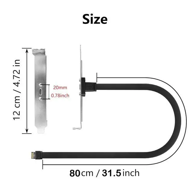 Alt view image 3 of 3 - 20Gbps USB 3.2 USB Type C Back Panel, Type C Female to 20-pin USB Type-E A-Key Male Extension Cable 80cms with Full Size Bracket