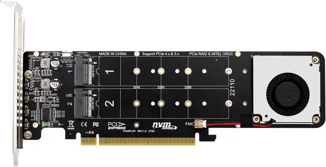 Alt view image 2 of 4 - Quad NVMe SSD PCIe Adapter, 4 M.2 NVMe SSD to PCI-e 4.0 3.0 x16 Card with Fan Support 2242 2280 22110 NVMe SSD (PCI-e 16X Bifurcation Required)