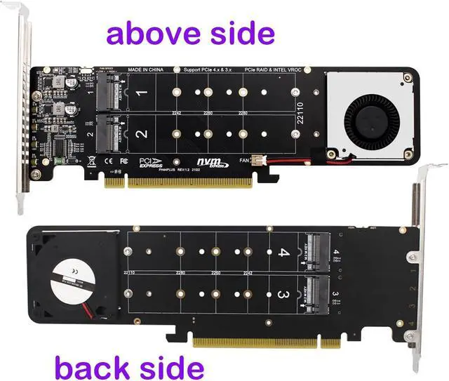 Alt view image 3 of 4 - Quad NVMe SSD PCIe Adapter, 4 M.2 NVMe SSD to PCI-e 4.0 3.0 x16 Card with Fan Support 2242 2280 22110 NVMe SSD (PCI-e 16X Bifurcation Required)
