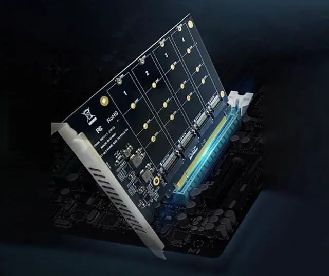 Alt view image 2 of 4 - Quad NVMe SSD PCIe Adapter, 4 M.2 NVMe SSD to PCI-e 4.0 3.0 x16 Card Support 2230 2242 2280 NVMe SSD (PCI-e 16X Bifurcation Required)