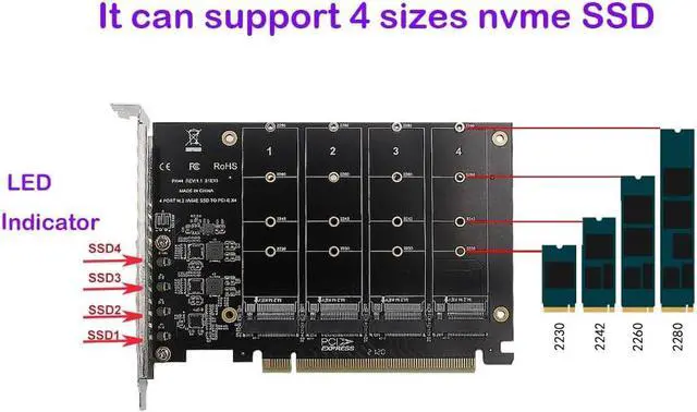 Alt view image 3 of 4 - Quad NVMe SSD PCIe Adapter, 4 M.2 NVMe SSD to PCI-e 4.0 3.0 x16 Card Support 2230 2242 2280 NVMe SSD (PCI-e 16X Bifurcation Required)