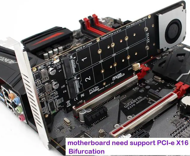 Alt view image 4 of 4 - Quad NVMe SSD PCIe Adapter, 4 M.2 NVMe SSD to PCI-e 4.0 3.0 x16 Card with Fan Support 2242 2280 22110 NVMe SSD (PCI-e 16X Bifurcation Required)