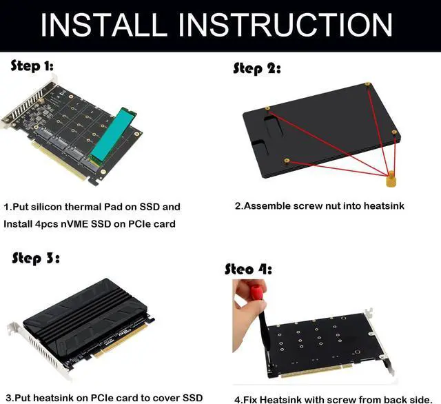 Alt view image 4 of 4 - Quad NVMe SSD PCIe Adapter, 4 M.2 NVMe SSD to PCI-e 4.0 3.0 x16 Card with HeatSink Support 2230 2242 2280 NVMe SSD (PCI-e 16X Bifurcation Required)
