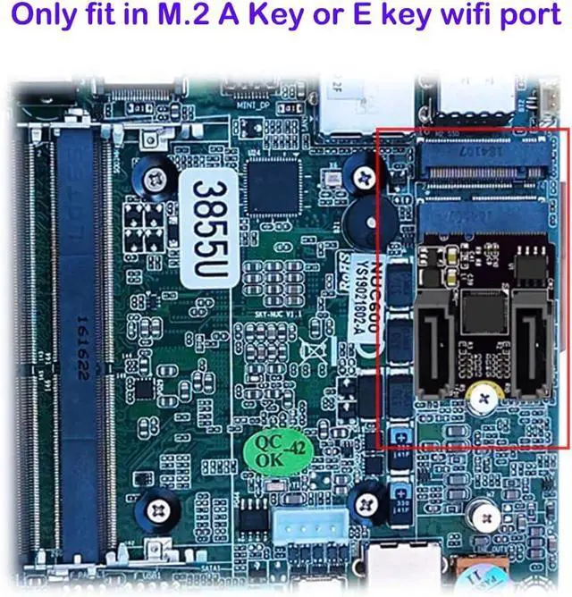 Alt view image 5 of 5 - M.2 NGFF Key A+E to Dual SATA 3.0 Ports Adapter Extension Card Chipset JMB582(Only Fit A-Key or E-Key WiFi Port)