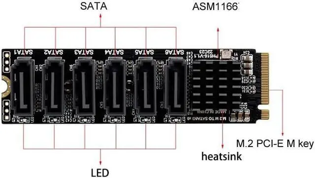 Alt view image 4 of 6 - M.2 to SATA3 Adapter Card, M.2 M-Key PCIe to 6 Ports SATA 6Gbps Expansion Card ASM1166 with Smart LED Indicator