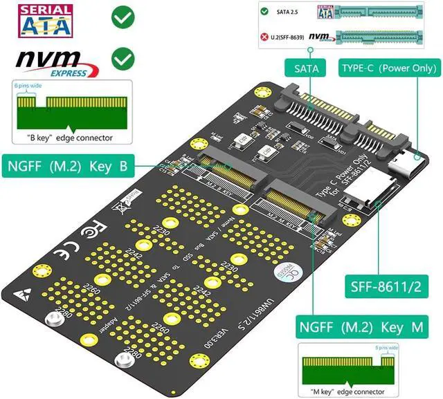 Alt view image 2 of 7 - Combo M.2 NVMe SSD to Oculink SFF-8611/8612,NGFF SATA to SATA Adapter Card