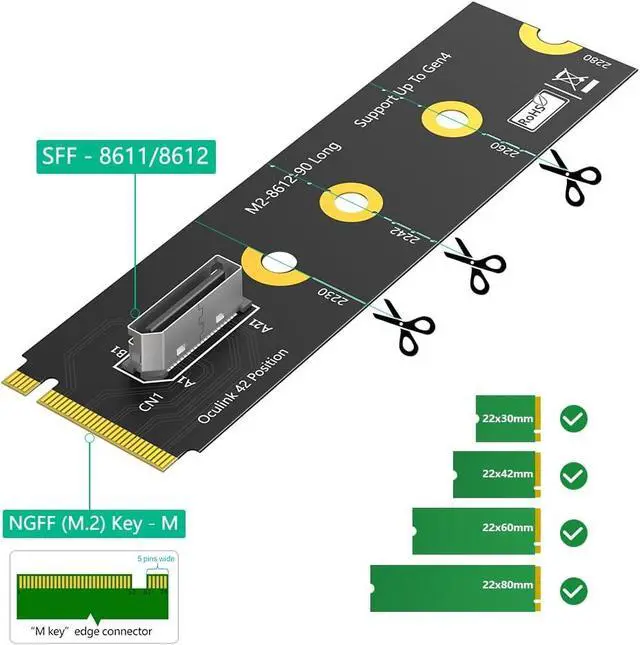 Alt view image 2 of 7 - Oculink SFF-8611/8612 to M.2 NVMe M-Key Interface Adapter Card (90B Degree)