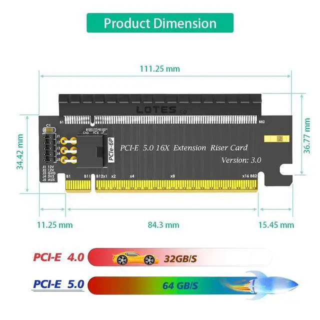 Alt view image 3 of 6 - PCIe 16x Riser Card,PCI-e Express 5.0 X16 Male to Female Extension Card With 6Pin ATX Connector for 2U Server Case GPU Graphics Card