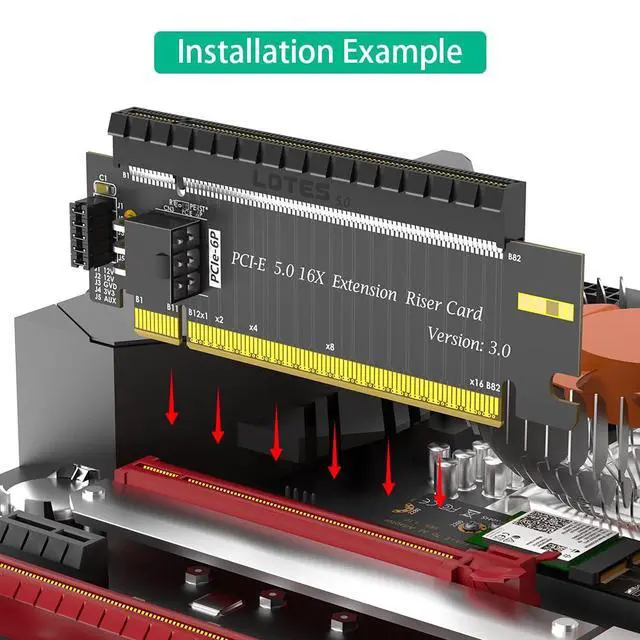 Alt view image 5 of 6 - PCIe 16x Riser Card,PCI-e Express 5.0 X16 Male to Female Extension Card With 6Pin ATX Connector for 2U Server Case GPU Graphics Card