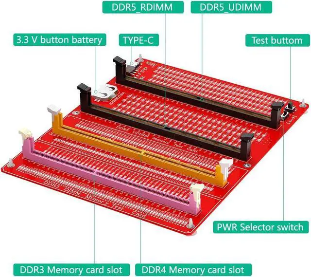 Alt view image 3 of 6 - 4in1 Combo DDR3/4/5 RDIMM/UDIMM Memory Tester, Desktop Computer DDR3 DDR4 DDR5 RDIMM/UDIMM Memory Test Card with LED Indicators