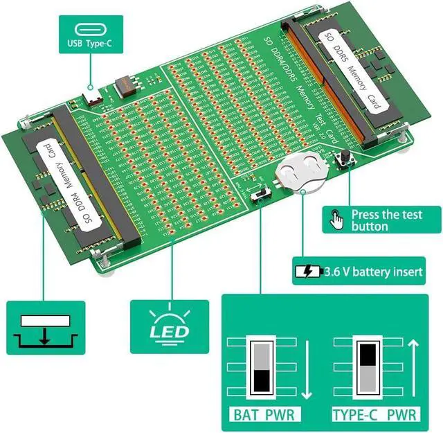 Alt view image 4 of 6 - Laptop DDR4/5 Memory Tester Card, SO DDR4/DDR5 Diagnosis Card, PCB Circuit Test Tool for Laptop DDR4/5 Memory Stick