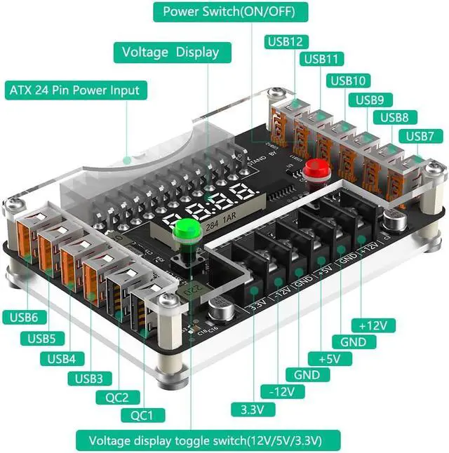 Alt view image 4 of 7 - New Version ATX Power Supply Breakout Board and Acrylic Case Kit with 3.3V, 5V, 12V,-12V Output Voltage and 12 Ports USB, 3A Maximum Output