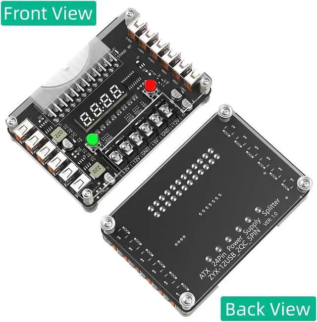 Alt view image 3 of 7 - New Version ATX Power Supply Breakout Board and Acrylic Case Kit with 3.3V, 5V, 12V,-12V Output Voltage and 12 Ports USB, 3A Maximum Output
