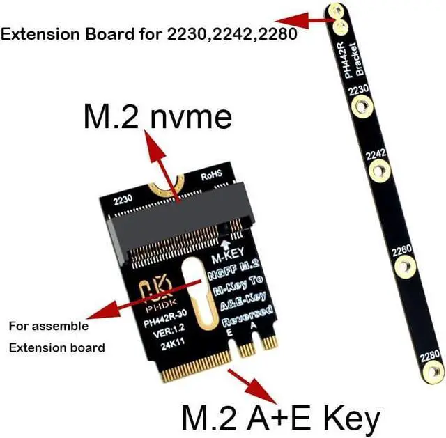 Alt view image 3 of 5 - M.2 (NGFF) 2230 2242 2280 NVME SSD to M2 A/E Key Port Card (Only Provide PCIe 1X Lane)