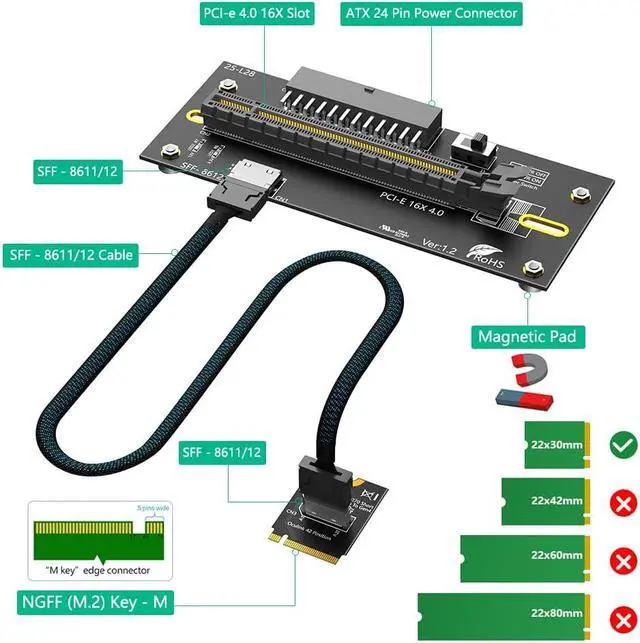 Alt view image 3 of 7 - M.2 M-Key 2230 to PCI-e 4.0 X16 with Oculink Extension Cable