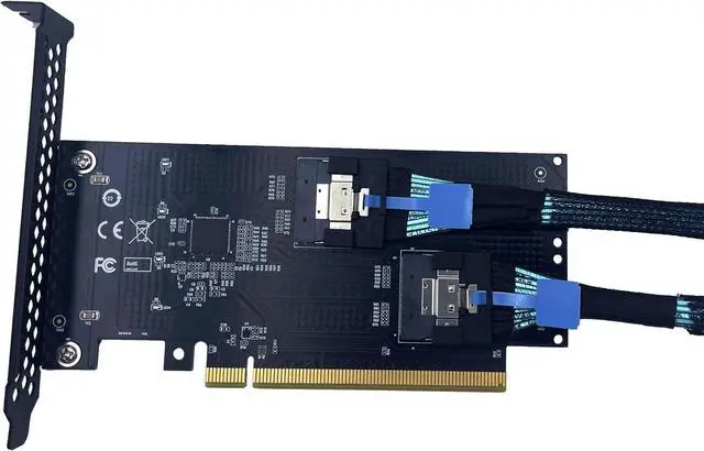 Alt view image 5 of 5 - PCIe 4.0 16x to Dual SFF-8654 8i SlimSAS,PCI-e Bifurcation x16 to x8x8 Split SFF-8654 Slimline SAS Adapter Card