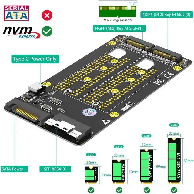 Alt view image 3 of 6 - Dual M.2 NVME SSD 4x4x to Slimline SFF-8654 8X Adapter (PCIe Bifurcation Motherboard is Required)