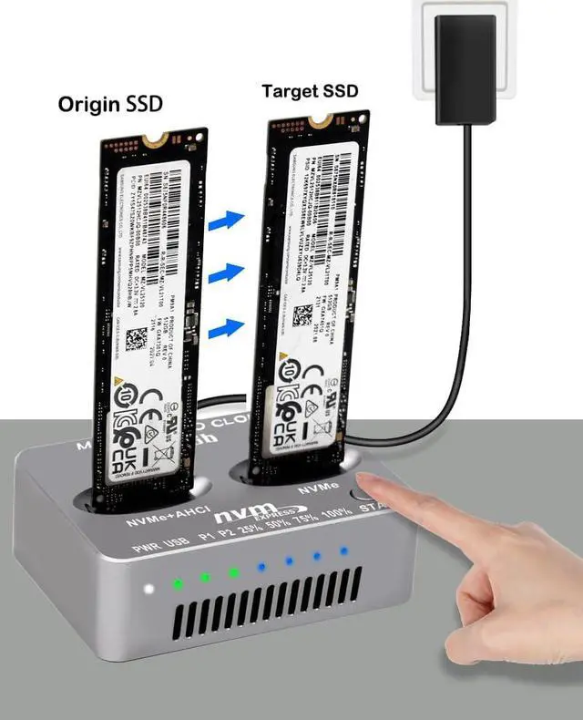 Alt view image 4 of 5 - M2 NVMe Duplicator, Dual-Bay Offline Cloner, USB C to M.2 20Gbps Docking Station, M.2 PCIe AHCI SSD Reader for Both (M Key, B+M Key) NGFF SSD Enclosure (Need Extra AC/PD Power)