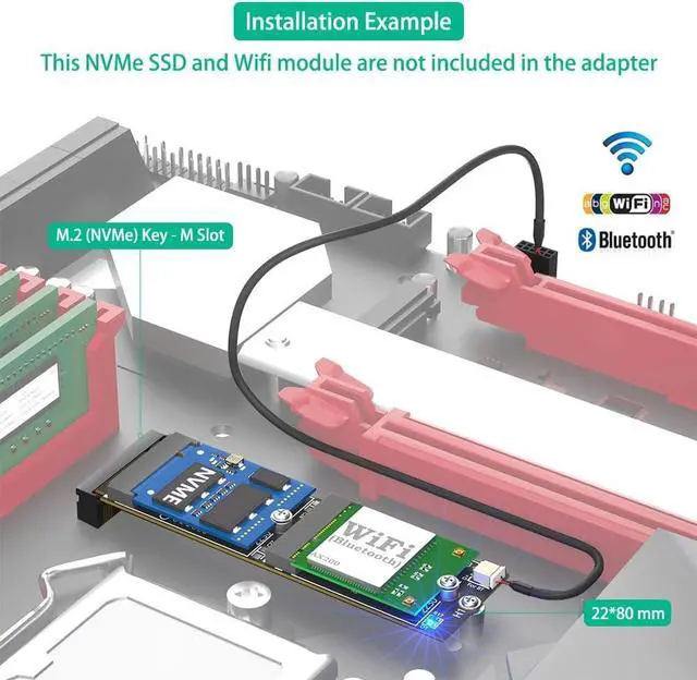 Alt view image 6 of 7 - M.2 Key-M to Dual M.2 Adapter Card, Supports 2230 Key-E A/E Module/Key-M nVME SSD,Compatible with 7260,8260,9260