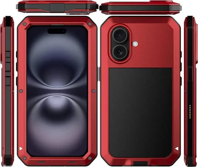 Main image of for iPhone 16 Metal Case 6.1",Heavy Duty Shockproof Aluminum Alloy Tough Armour Military Grade Phone Case,360 Full Body Protective Cover with Silicone Built-in Screen Protector - Red