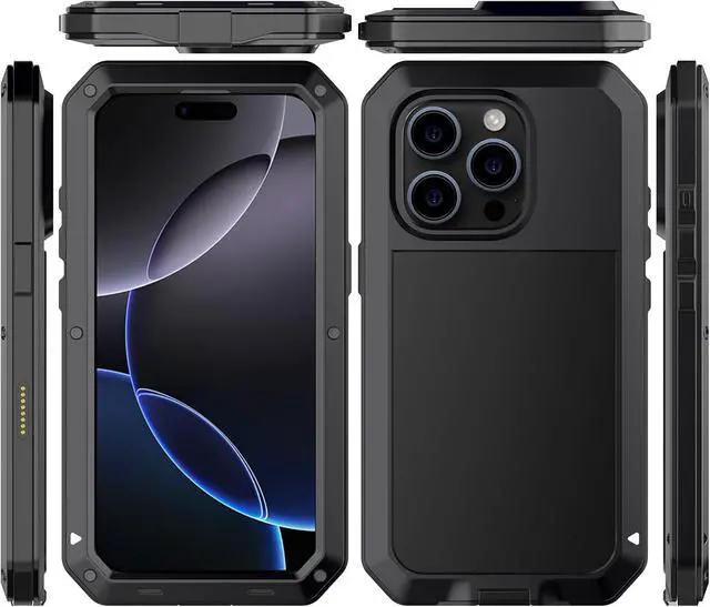 Alt view image 2 of 7 - for iPhone 16 Pro Max Metal Case 6.9",Heavy Duty Shockproof Aluminum Alloy Tough Armour Military Phone Case,360 Full Body Protective Cover with Silicone Built-in Screen Protector - Black