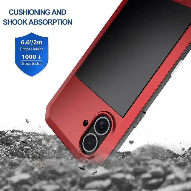 Alt view image 4 of 7 - for iPhone 16 Metal Case 6.1",Heavy Duty Shockproof Aluminum Alloy Tough Armour Military Grade Phone Case,360 Full Body Protective Cover with Silicone Built-in Screen Protector - Red