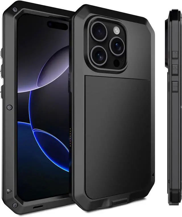 Alt view image 3 of 7 - for iPhone 16 Pro Max Metal Case 6.9",Heavy Duty Shockproof Aluminum Alloy Tough Armour Military Phone Case,360 Full Body Protective Cover with Silicone Built-in Screen Protector - Black