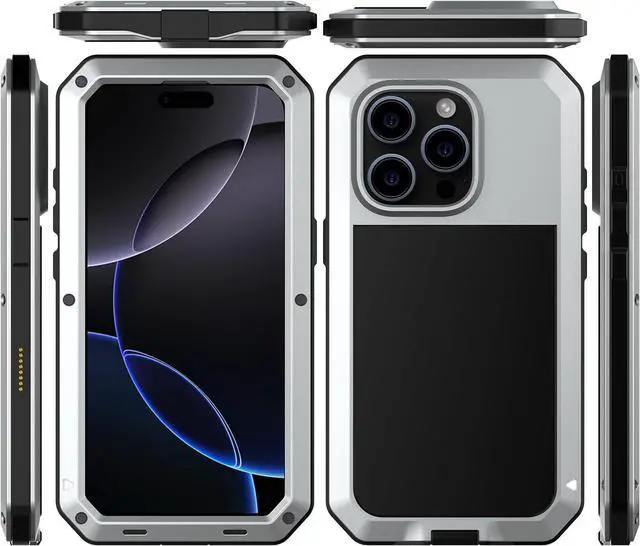 Main image of for iPhone 16 Pro Max Metal Case 6.9",Heavy Duty Shockproof Aluminum Alloy Tough Armour Military Phone Case,360 Full Body Protective Cover with Silicone Built-in Screen Protector - Silver